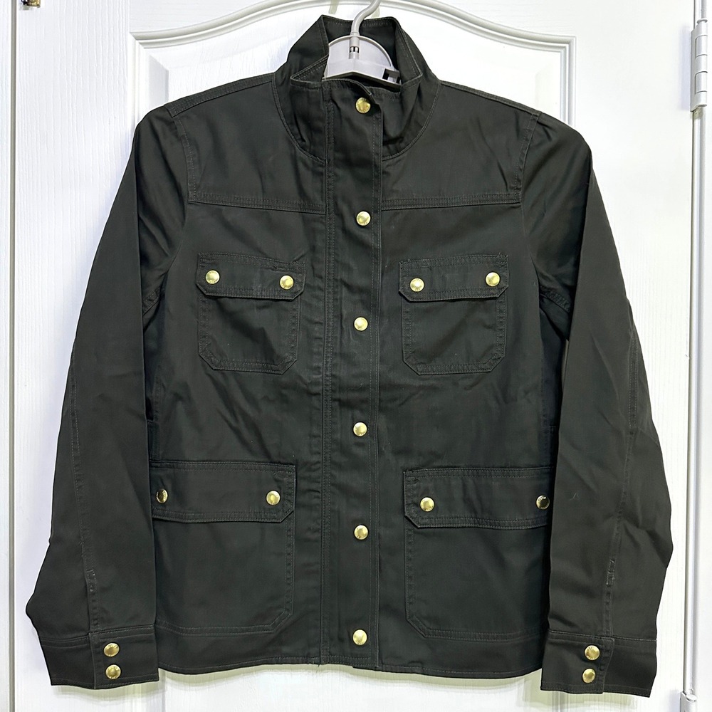 J.Crew Field Military Jacket M Green Utility Waxed Canvas Cotton Preppy Safari